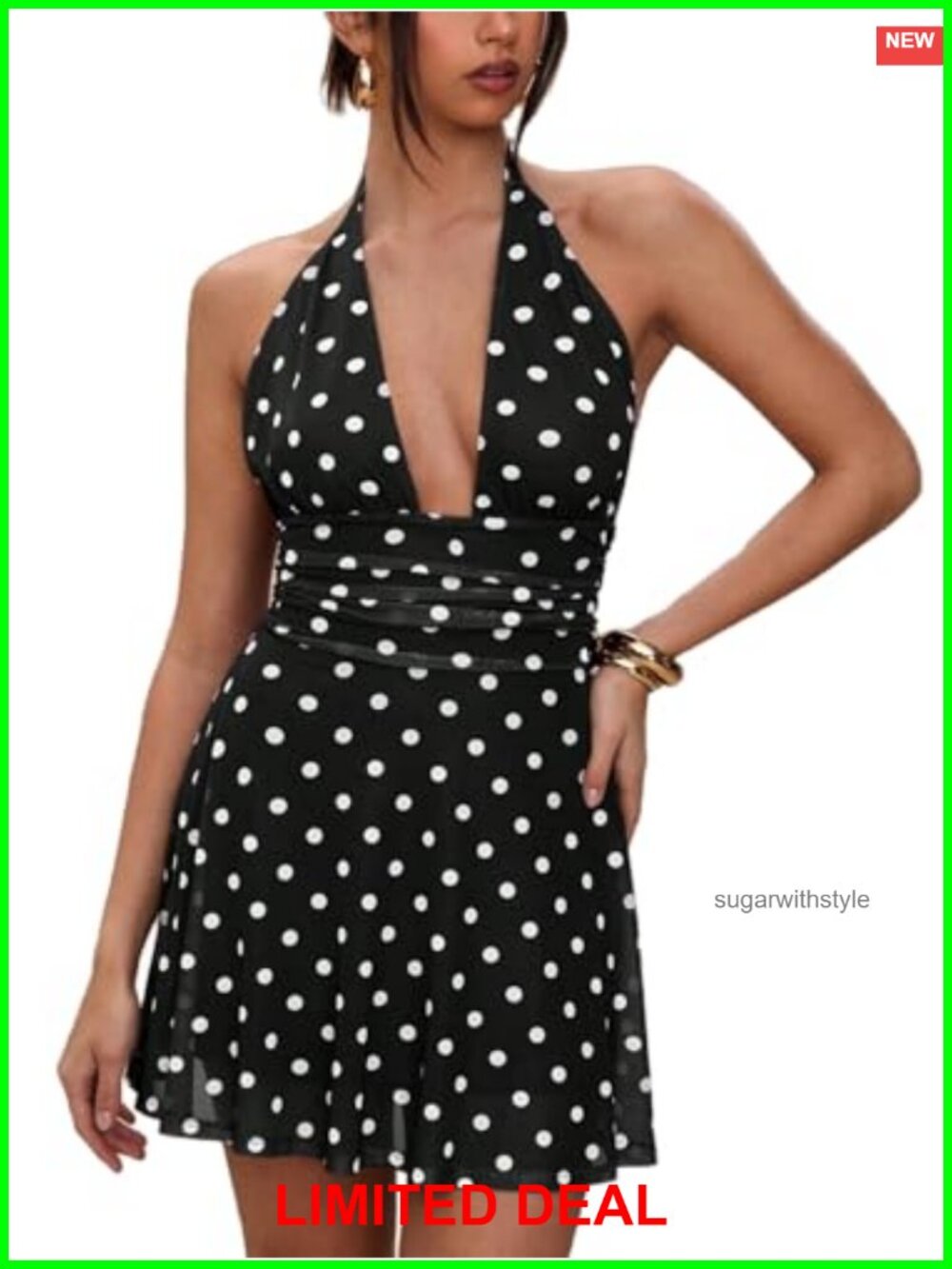 Women's Polka Dots Halter Mini Dress Deep V Neck Backless Sleeveless A-Line